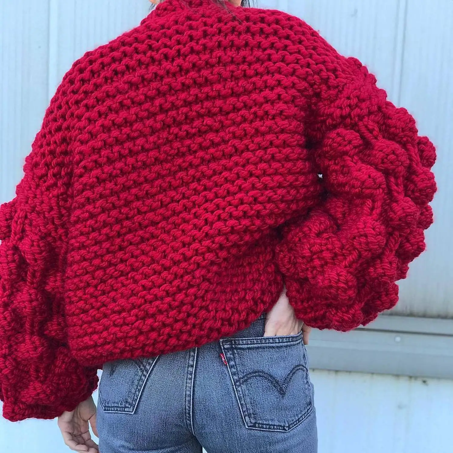 Cable Knit Sweater Women Autumn Winter Vintage Lazy Wind Balls Lantern Sleeve Hand-knitted Chunky Mohair Pull femme | Женская одежда
