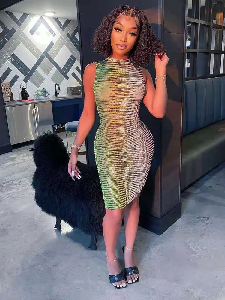 

Stripe Mesh Bodycon Vest Dress Women High Street Clothing Lady Birthday Party Wear 2021 Summer Sexy Night Club Mini Dress