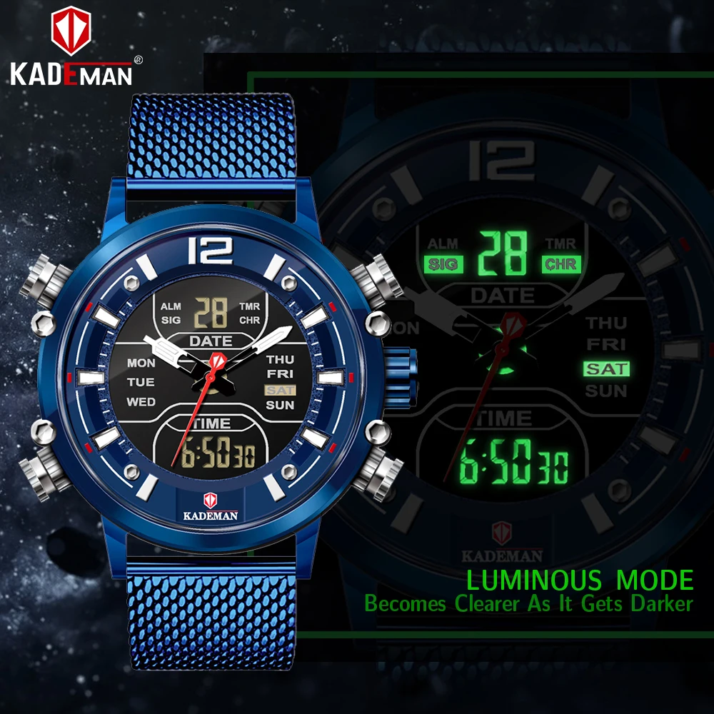 KADEMAN Men Watchs New Fashion Cool Unique Digital Big Dial Quartz Mesh Stainless Steel Simple Back Light Sport Business Watches | Наручные