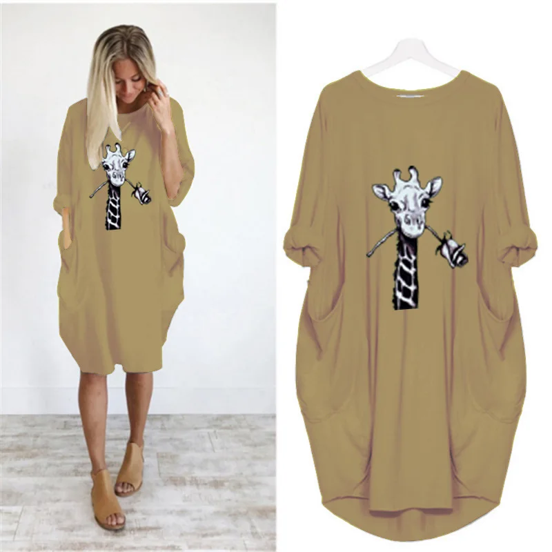 Модные с рисунком жирафа и надписью для женщин размера плюс платье на весну осень
