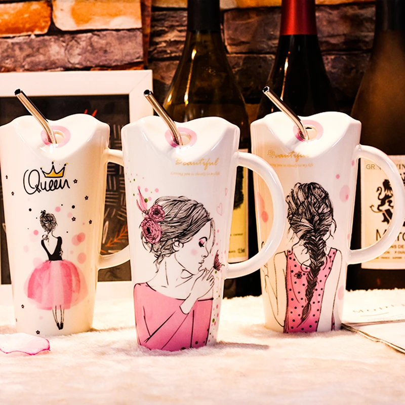 

Mug with Straw Lid large Capacity Female Straw Cup with Straw Office Breakfast Irregular geometric Art Cup Lovely Girl Gift