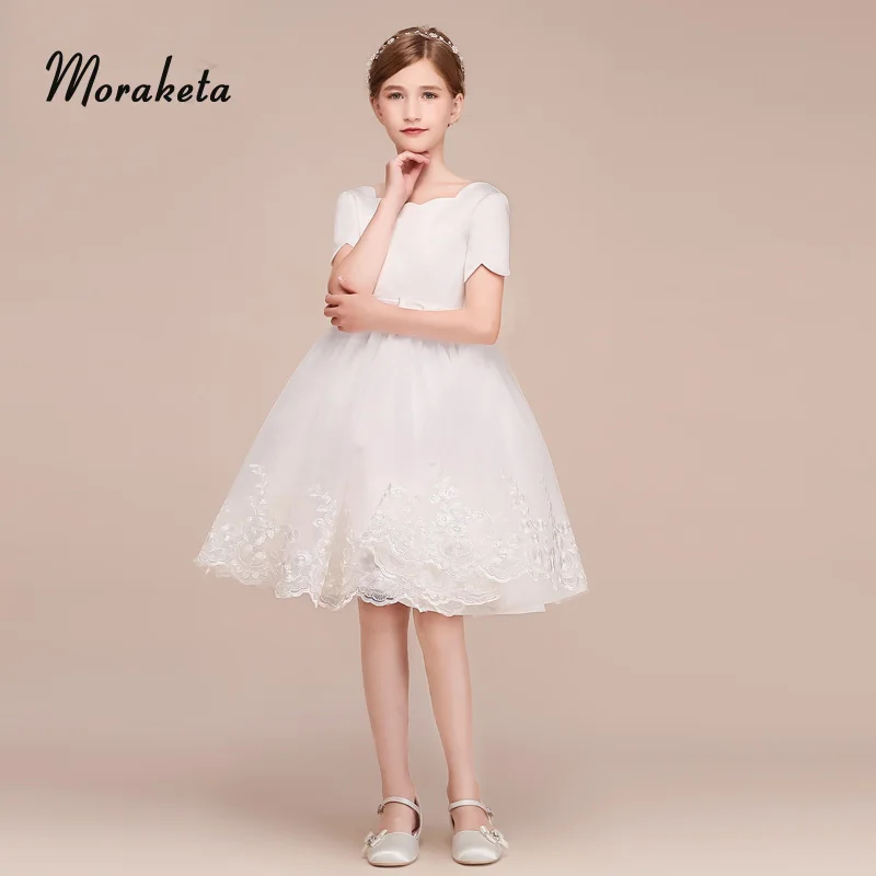 Ball Gown Princess Short White Flower Girl Dresses For Wedding Satin Tulle Girls First Holy Communion Dresses