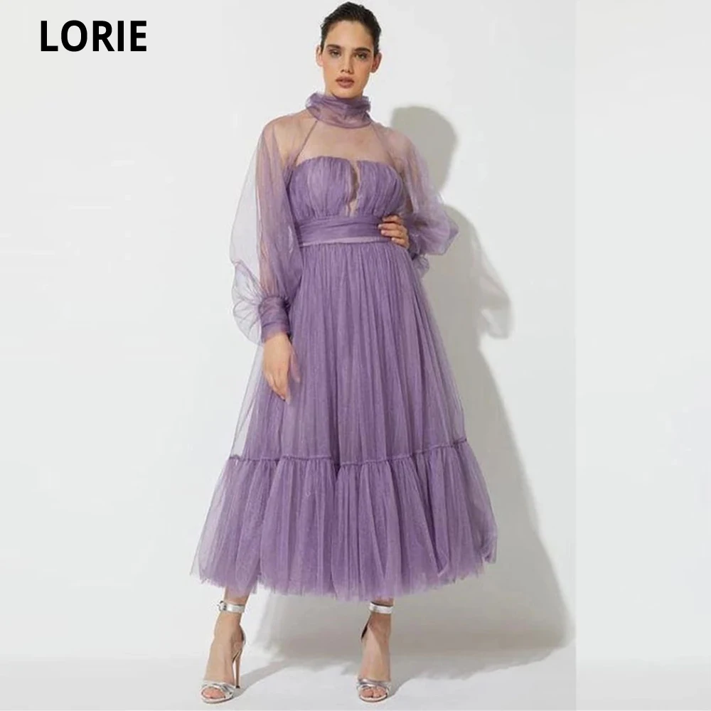 

LORIE Prom Dresses Purple 2021 High Neck Long Sleeves A Line Weeding Party Dress Dubia Beach Formal Graduation Evening Dress