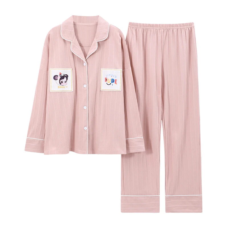 

Cotton Long-Sleeved Long Trousers Women Pajamas Set for Spring and Autumn Comfortable Cardigan Tops Ladies Brief Fashion Pajamas