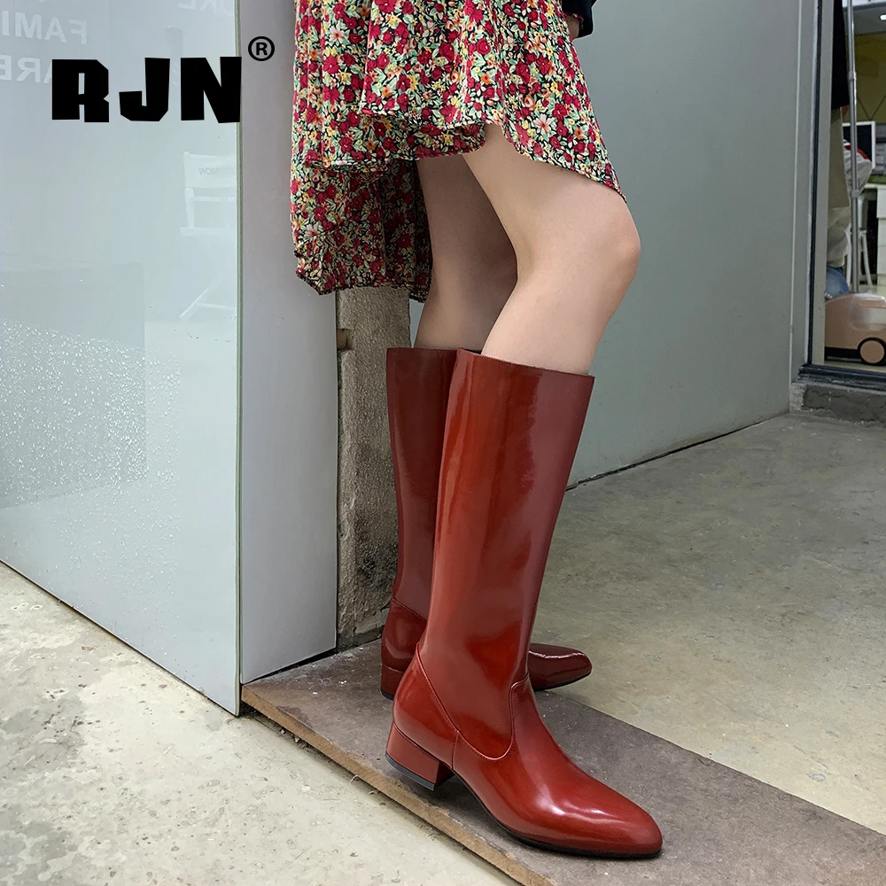 

RJN Women Knee High Boots Bright Geniune Leather Mid Heel Slip On Winter Long Boots Shoes RO469