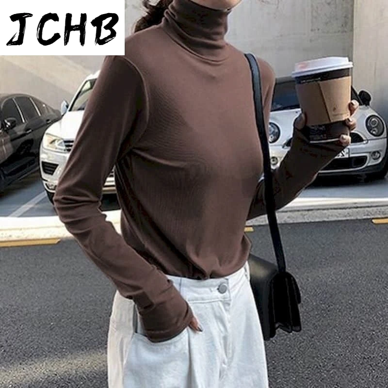 

2021 New Autumn Spring T-shirt Women Turtleneck Solid Tshirt Long Sleeve Tops Women Clothing