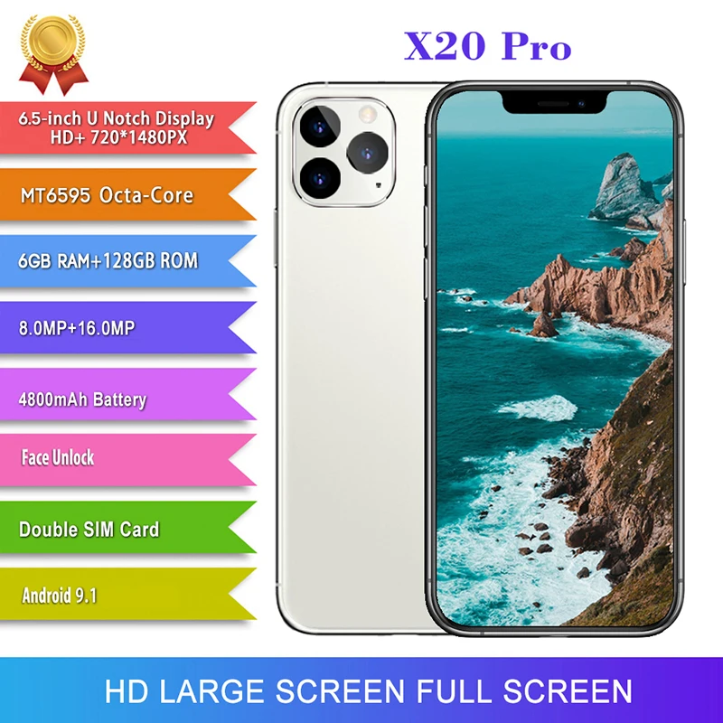 

X20pro Smartphone 6.5 Inch 4800mah Android 9.1 Dual SIM 5G 8MP+16MP HD Camera Face Wake 6GB+128GB Global Version Network Phone