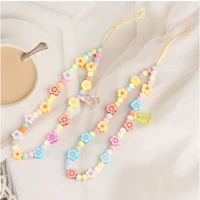 cute fresh flower beads lanyards keychain for women smartphone rope candy color bear pendant fresh hand chains phone charms gift