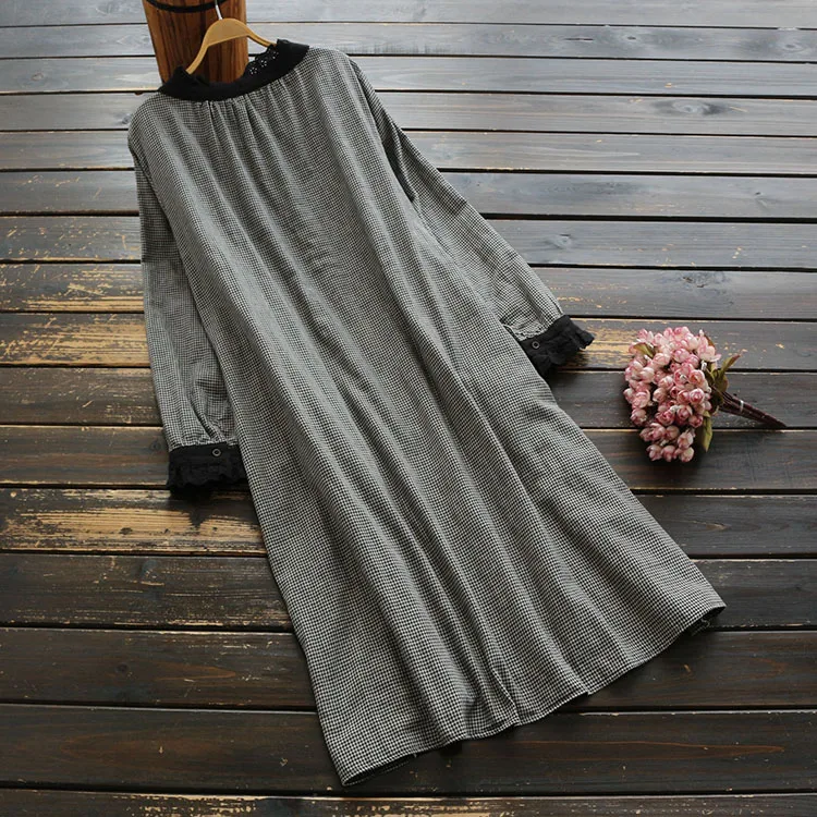 Женское платье на осень и весну 2020 хлопок лен в клетку с длинным рукавом