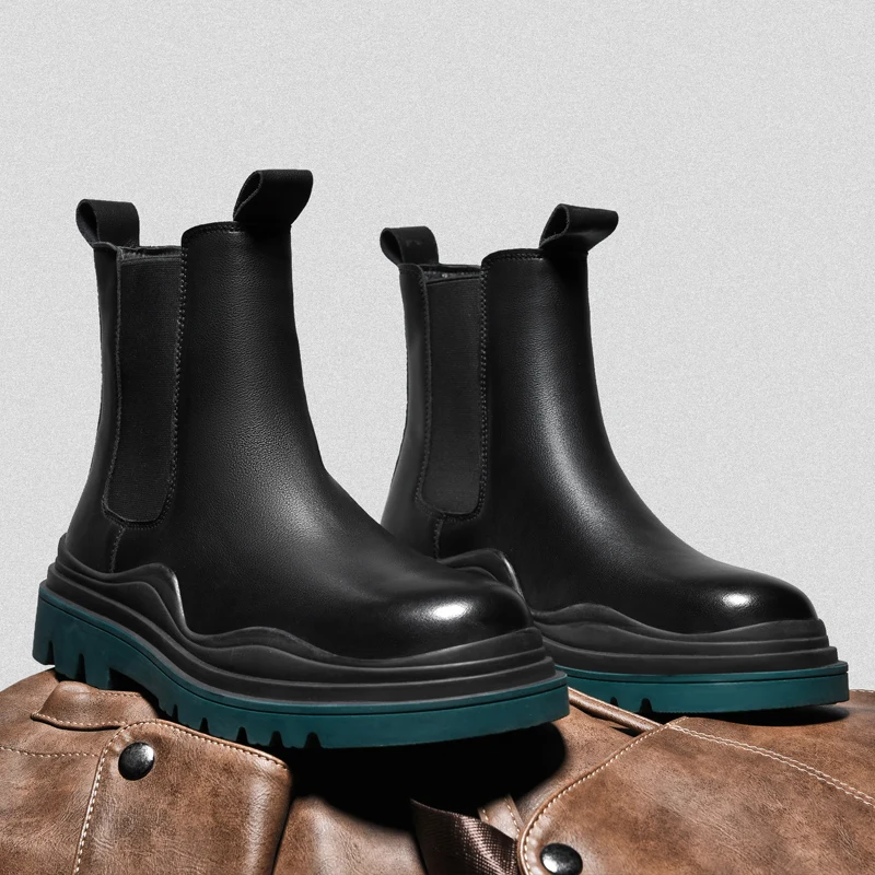 

Ботинки Челси кожаные мотоциклетные ботинки высокие зимние ботинки водонепроницаемые Мужская обувь однотонные круглые ботинки большого р...