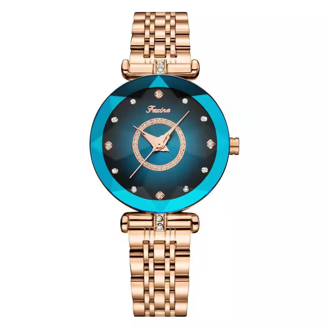 Super Luxury Rose Cold  Watches for Women Blue Crystal Spinning Cut Glass Watches Lady Waterproof  Quartz Watch + Gift Box bling star cut glass lady women s watch japan quartz hours fine fashion bracelet real leather girl s birthday gift julius box
