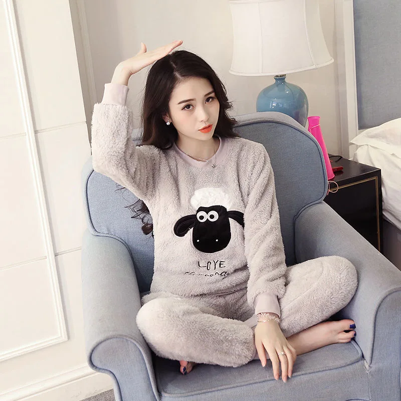 

Новинка 2020, осенне-зимние теплые фланелевые женские пижамные комплекты, плотная бархатная одежда для сна с длинным рукавом из кораллового б...