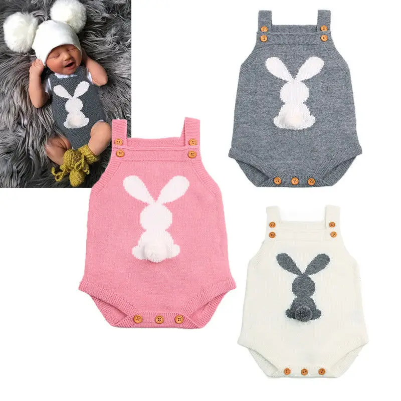 

Cute Bunny Toddler Kids Baby Girl Boy Knitting Wool Sleeveless O-Neck Covered Button Solid Rabbit Cartoon Lovely Romper 3 Style