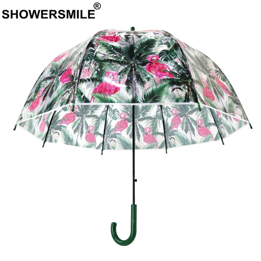 SHOWERSMILE прозрачный дождевой Зонт Прозрачный женский зеленый прозрачный зонтик с принтом Фламинго висящий зонтик с длинной ручкой Apollo
