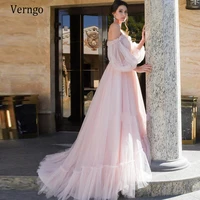 verngo princess off the shoulder pink wedding dress 2020 a line long puff sleeves soft tulle bride gown lace up back party dress
