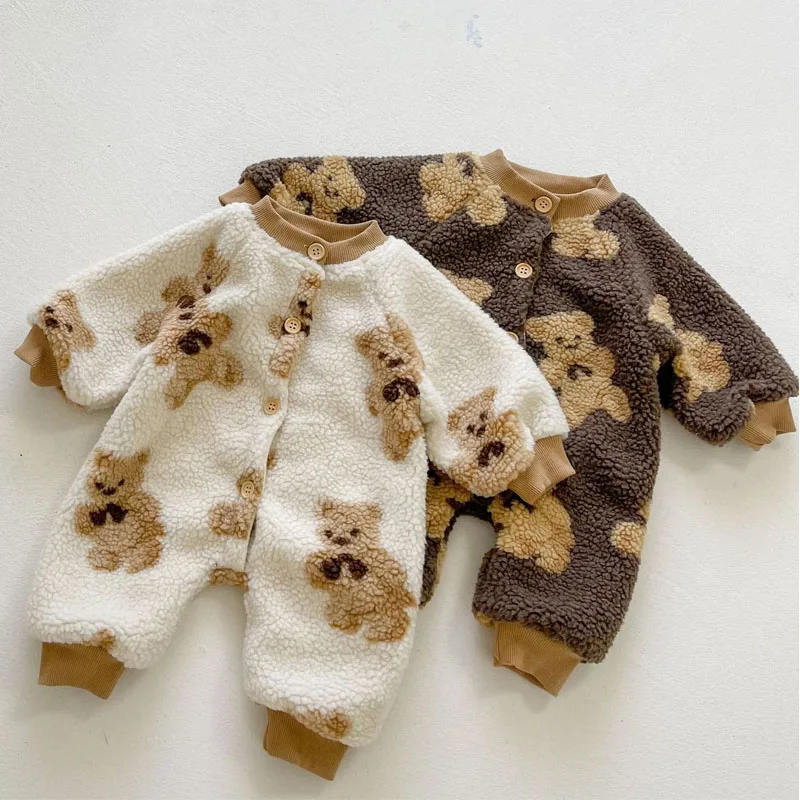 

LZH Baby Clothes 2022 Autumn Winter New Lamb Hair Print Bear Romper For Girls Clothing Baby Boy Long-Sleeve Jumpsuit 0-3 Years