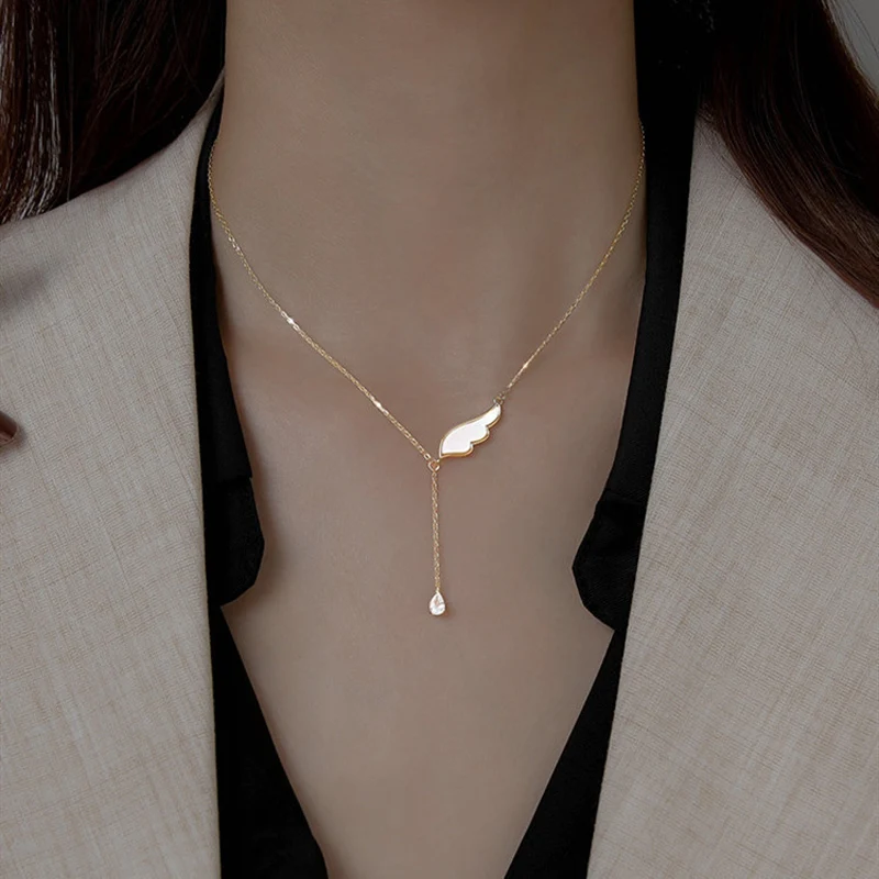 

2021 Elegant Simple Wing Water Drop Pendant Necklace for Women Korean Fashion Clavicle Chain Neck Chain Gold Color choker Collar