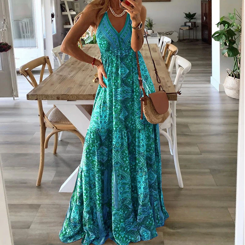 

Fashion Spring Summer Sleeveless Beach Maxi Dress Elegant Vintage Print Women Sling Boho Long Dress Sexy V Neck Lady Party Dress