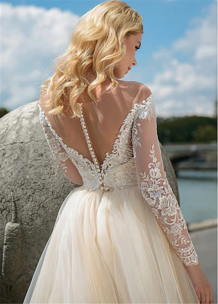 

Elegant V-neck Tulle With Beading Lace Tulle Sweep Train A-line Wedding Dress Long Sleeve vestidos de novia 2021 Wedding Gown