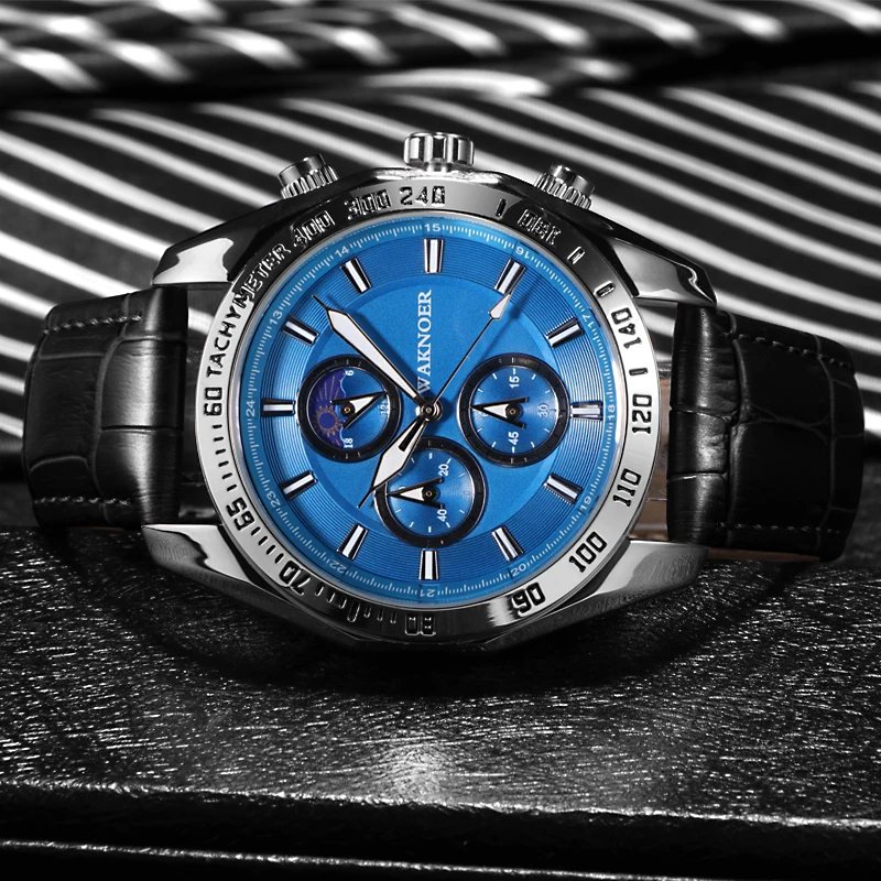 

2020 New Fashion Top Luxury Men's Watch High Quality Leather Band 3 Eyes WAKNOER Brand Quartz Watches Men relogio masculino