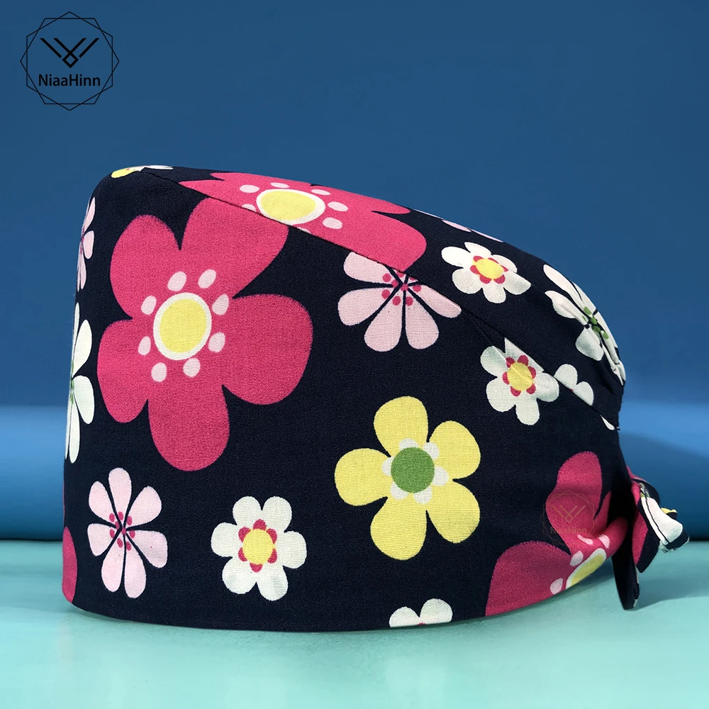 

2021 new Elastic multicolor printing scrub nurse cap beauty salon nurse cap laboratory pet shop nurse dentist unisex work cap