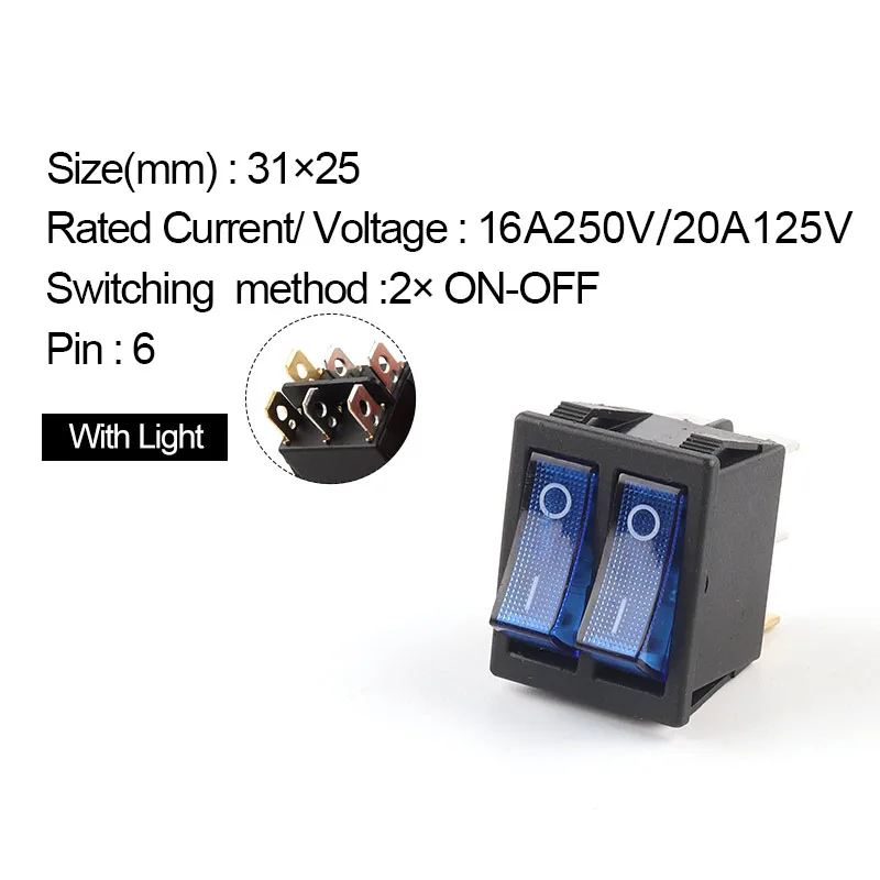 1 шт., кнопочный кулисный переключатель с двойной подсветкой, 31*25 мм, 6 контактов, 2/3-позиционный выключатель питания для лодки, ВКЛ-ВЫКЛ/ВКЛ-ВЫКЛ-ВКЛ 16А/250 В 20 А/125 В KCD4