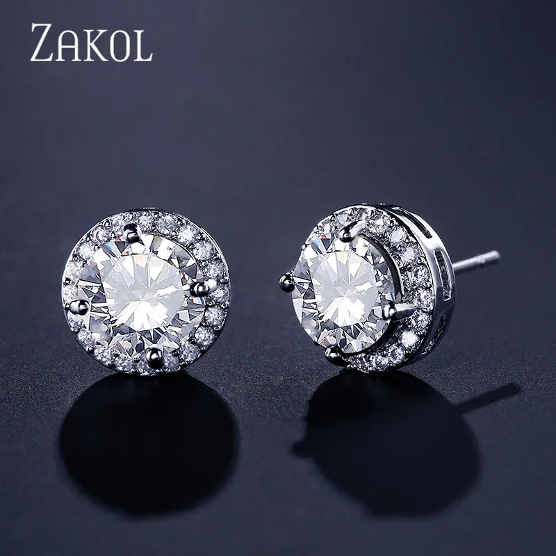 Фото Женские серьги гвоздики с круглым кристаллом фианитом|stud earrings|zircon stud earringsstud earrings