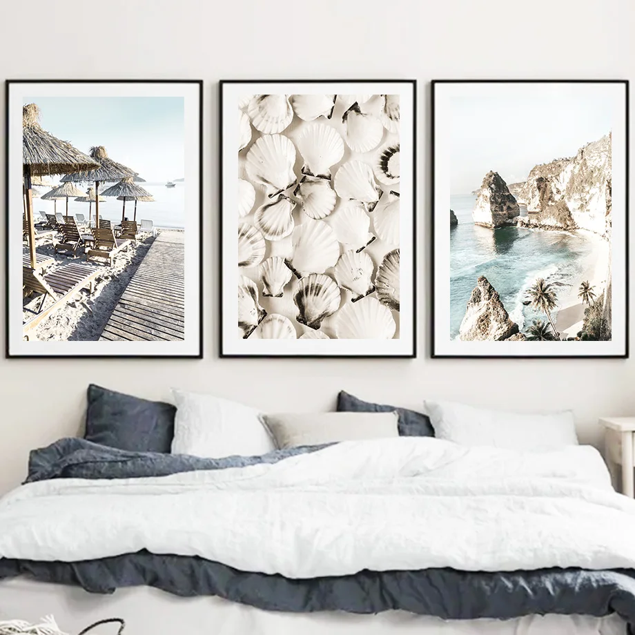 Картина на холсте Стена чайки с морскими звездами мостом ракушками