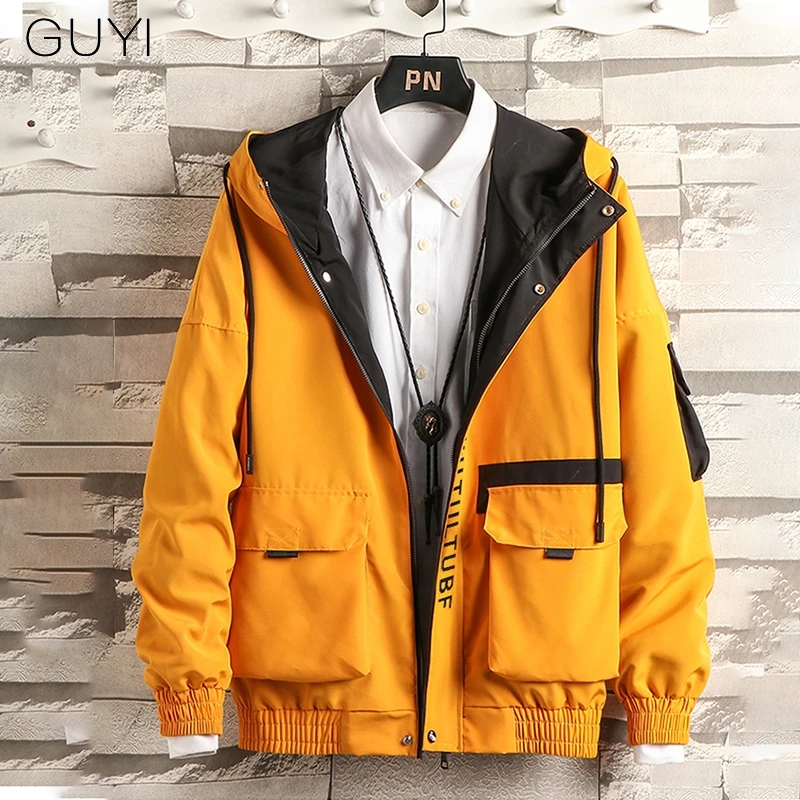 Куртка-бомбер GUYI Мужская черная ветровка с капюшоном и карманами пальто в стиле