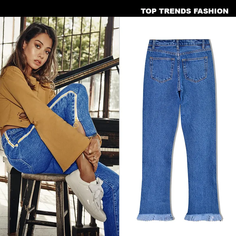 

European and American Women's High-waisted Loose Straight-leg Denim Trousers Double Side Zipper Flared Women's Jeans