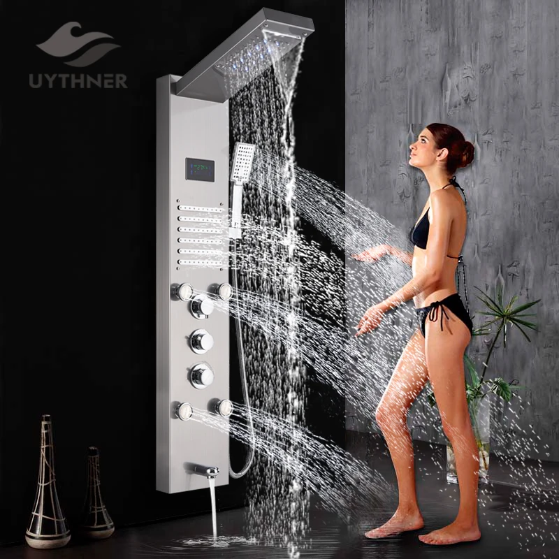 Роскошный Матовый никель/черный смеситель для ванной комнаты Светодиодная