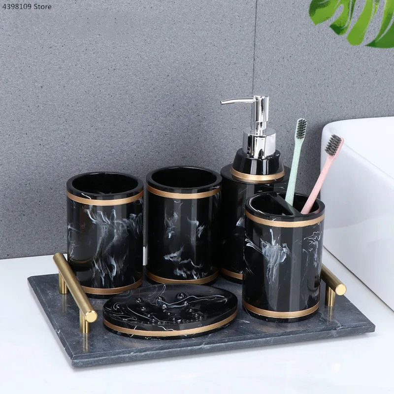 

Товары для ванной комнаты с мраморной текстурой, диспенсер для мыла из смолы, держатель для зубной щетки, поднос, чашка для полоскания рта, набор аксессуаров для ванной