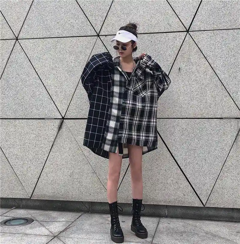 NiceMix Harajuku женские рубашки с длинными рукавами в клетку в стиле пэчворк BF женские блузки с отложным воротником в Корейском стиле Mujer блузка