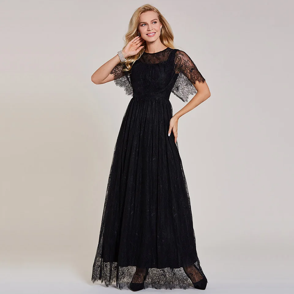 Черное длинное вечернее платье Dressv недорогое кружевное официальное с круглым