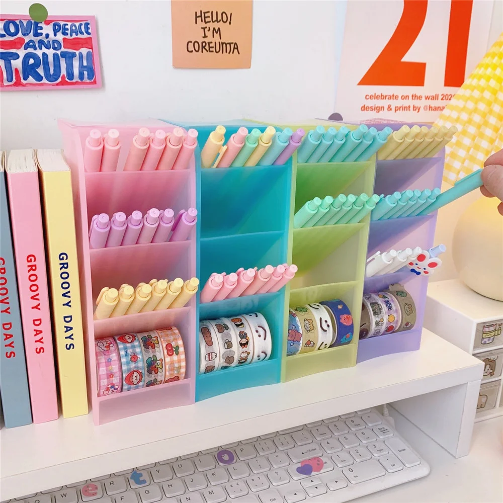 

Small Big Size Macaron Color 4 Grid Oblique Pen Holder Desktop Pens Brushes Lipsticks Makeups Storage Box School Stationery