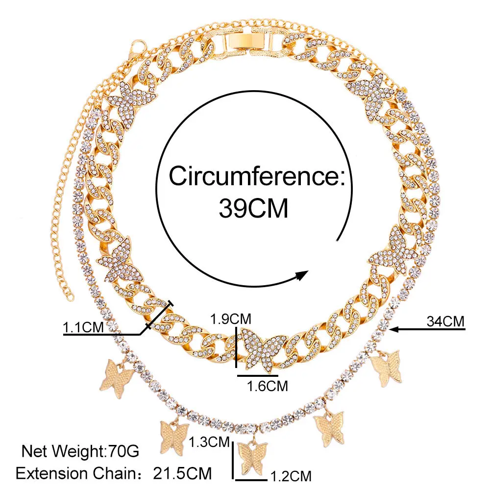 

Ice Out Shiny Butterfly Crystal Cuban Chain Necklace Collar for Woman Multilayer Shiny Tennis Chain Thick Metal Necklace Jewelry