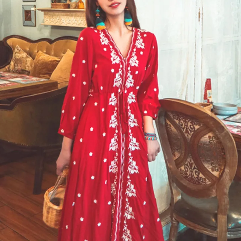 

Red Clothing Women's Holiday Ethnic Style Red Cotton Hemp Embroidery Indian Dress Women Summer India Pakistan Kurta