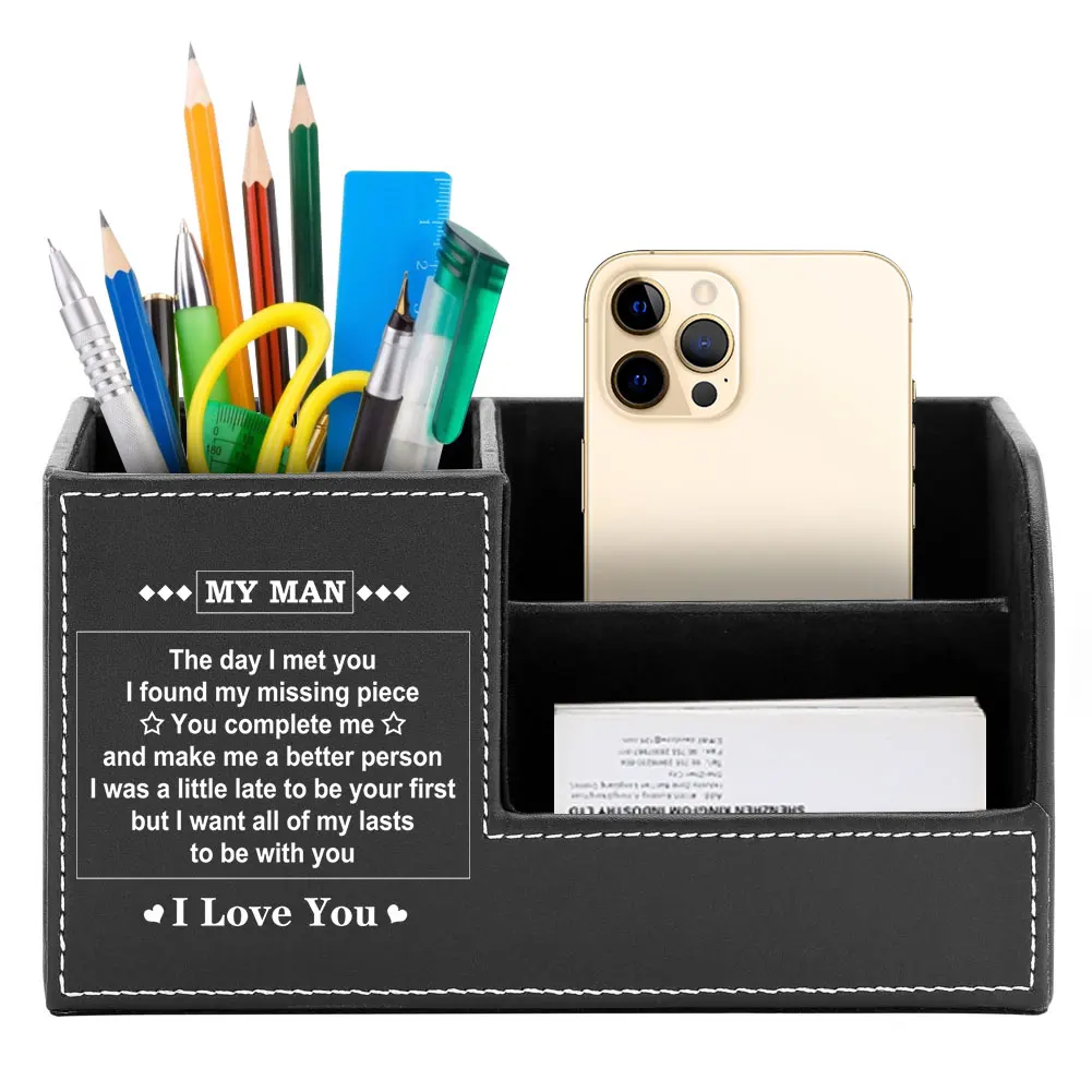

Multifunctional Leather Stationery Storage Box with My Man Pattern Remote Control Phone Holder Desktop Organizer for Home Office