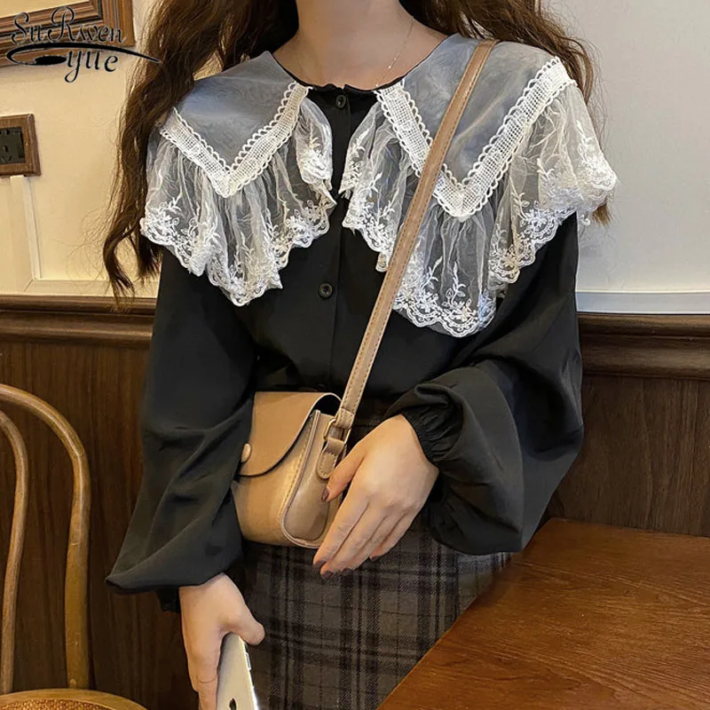 

Chic Office Lady Fairy Peter Pan Collar Basic Blouses Chic All Match 2021 Lace Chiffon Puff Sleeves Casual Female Shirts 11767