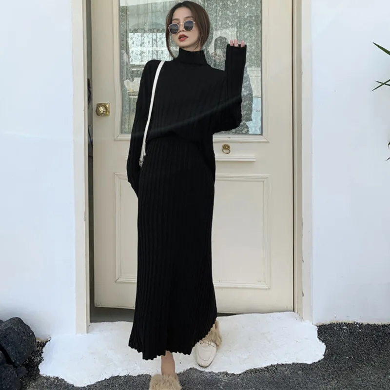 

2021 Autumn Knitted Two Piece Set Women Sweaters Pullover Crop Top Skirt Set Ensemble Femme Two Piece Outfits Mujer