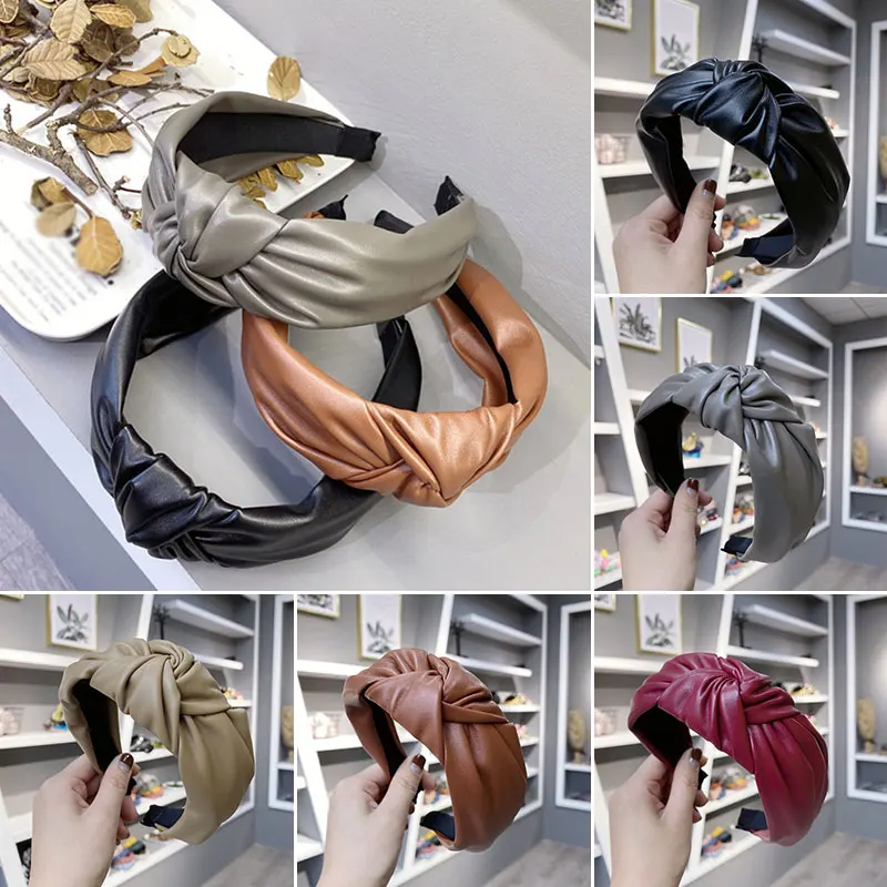 Модный женский обруч из искусственной кожи с узлом спереди однотонный стильный