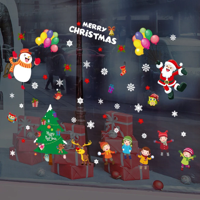 

Christmas shop window sticker creative cartoon glass sliding door kids room wall home decor snowman Santa self-adhesive stickers