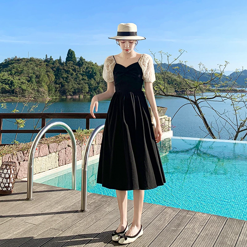 

French style dress for women 2021 summer new backless lace patchwork high waist slim black party dresses puff sleeve robe femme
