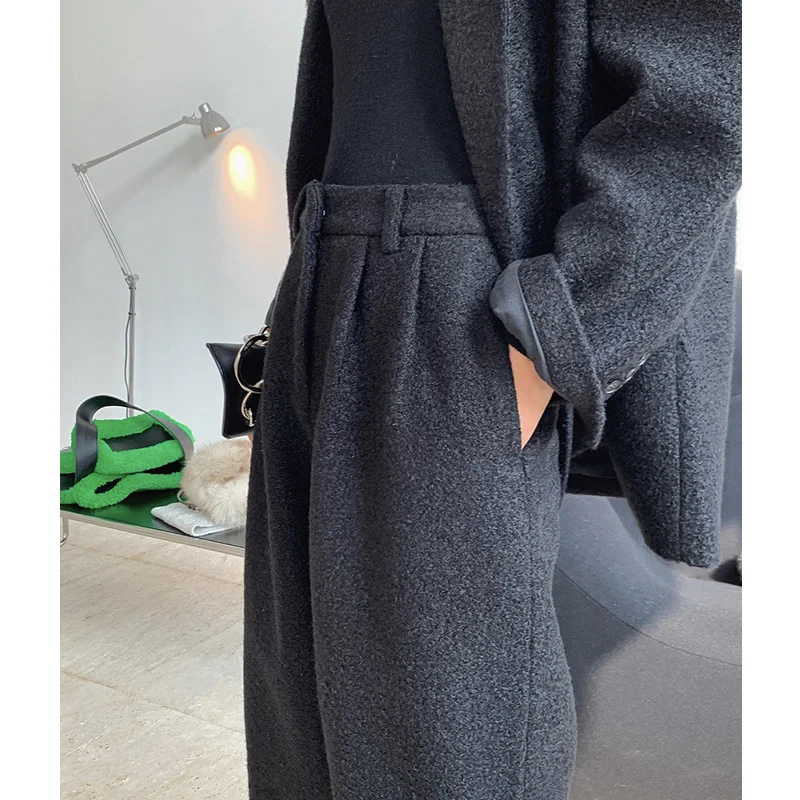 Women High Waist Wide Leg Plus Long Wool Harem Pants Ladies British Loose Trousers 2020 Streetwear Thick Winter Suit Pants