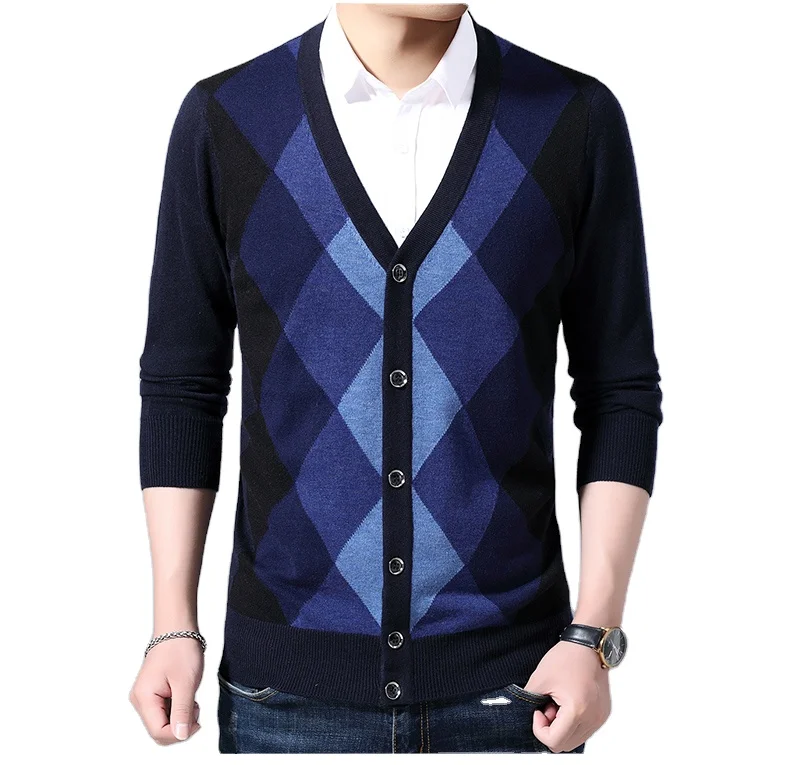 

High Quality Men Fashion Button Pocket V-Neck Argyle Jacquard Knitted Pattern Wool Sweater Cardigan