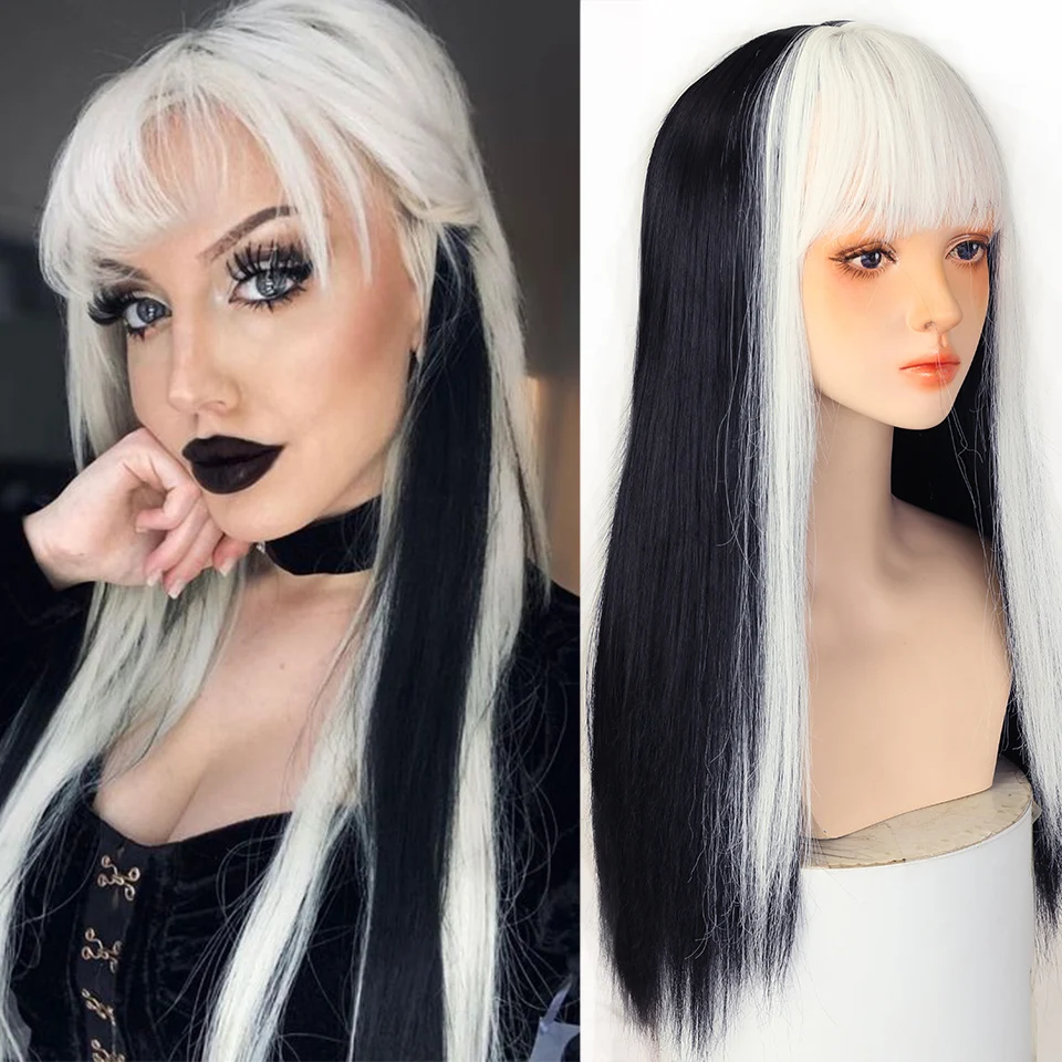 

HOUYAN White blue pink bangs dyed air bangs Long straight hair wigs female natural cosplay Lolita wig