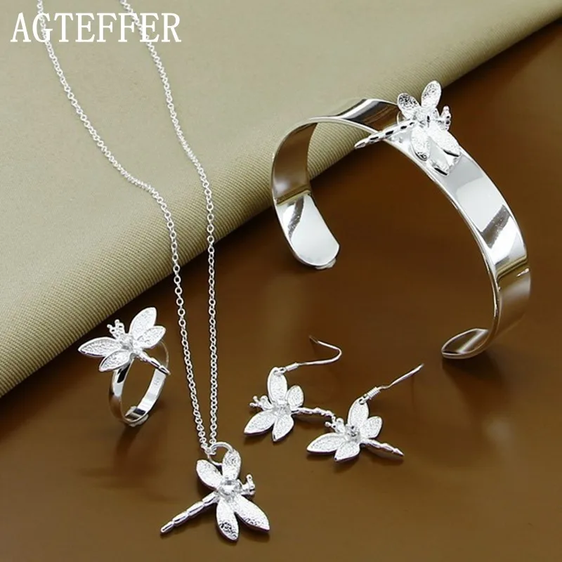 

AGTEFFER 925 Sterling Silver AAA Zircon Dragonfly Necklace Bangles Earring Ring Set For Woman Wedding Engagement Fashion Jewelry