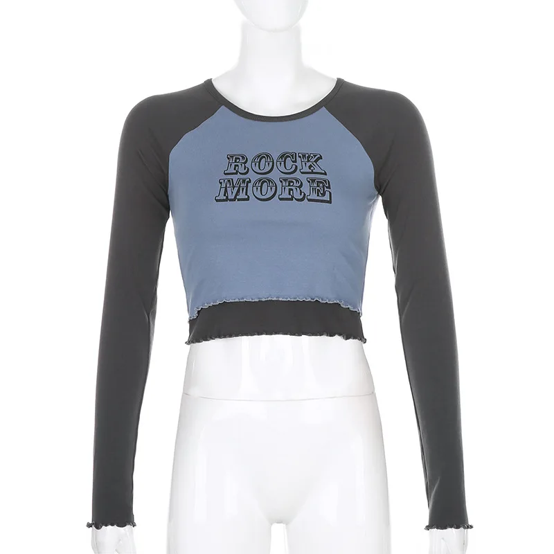 

Oluolin Women Letter Printed Crop Top Y2K Aesthetic Long Sleeve T Shirt O Neck Autumn Vintage 90s Streetwear Cute Tee Shirts