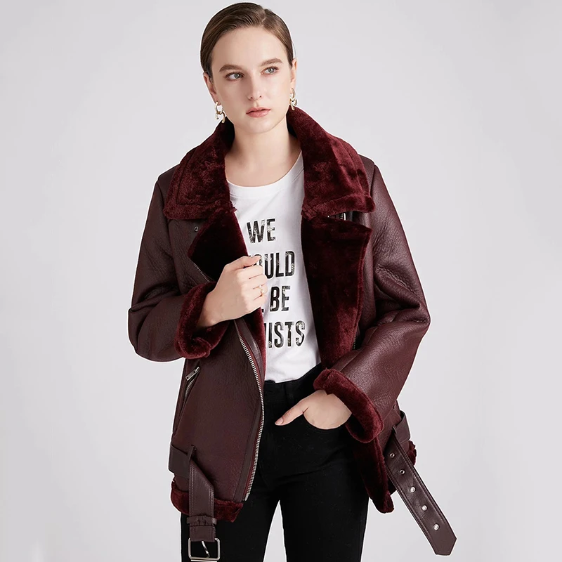 Trendy Women Winter Lambs Wool Parkas Fur Collar Zipper Jacket Warm Thick Outerwear Faux Leather Coat Moto Outwear