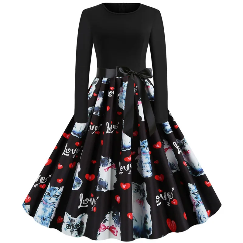 Robe noel femme зимние платья для женщин с длинным рукавом и принтом Винтаж Pinup рокабилли Год Вечерние Платье на День святого Валентина Черный Vestido 3XL